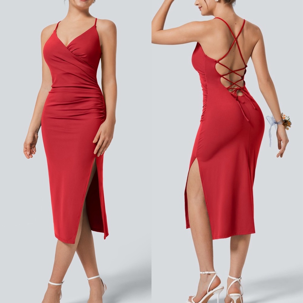 Halara Softlyzero Airy Crossover Ruched Backless Lace Up Bodycon Midi Dress XS